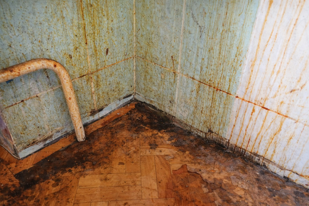 Wall corner with heavy grease, dirt buildup, and surface contamination before repainting