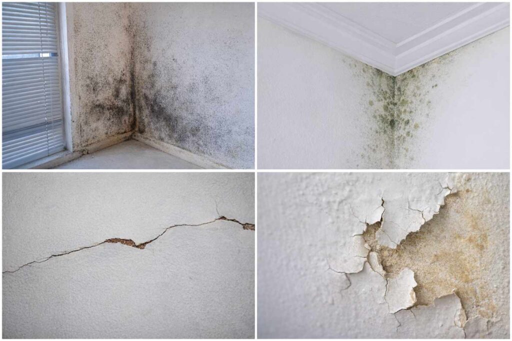 Common old wall repainting problems including mold, damp stains, and wall damage
