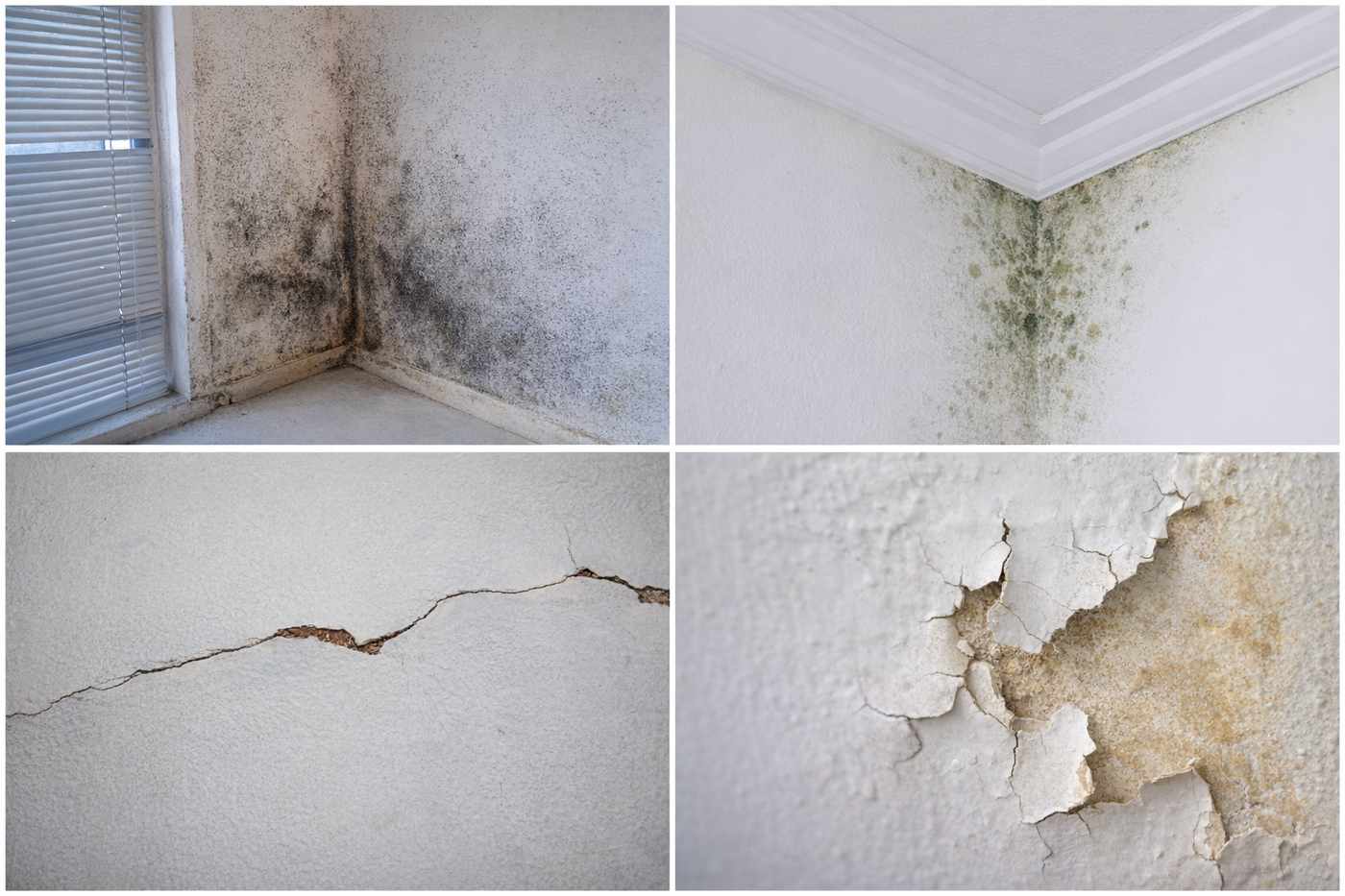 Common old wall repainting problems including mold, cracks, and peeling paint