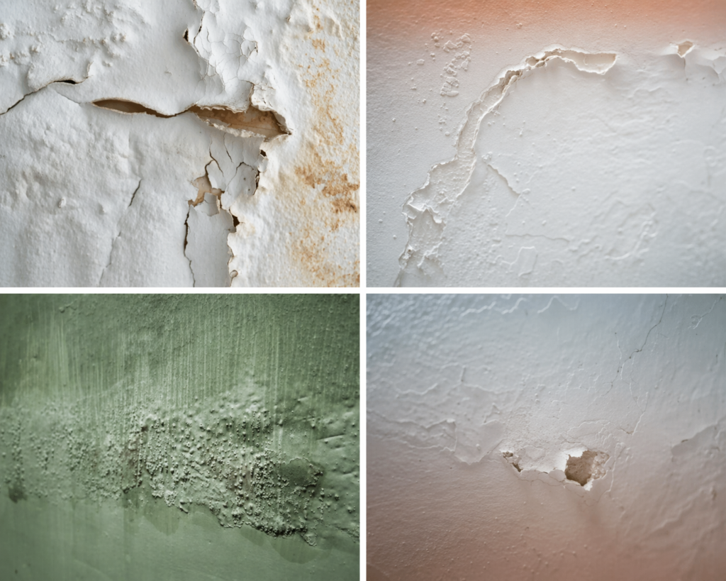 Collage showing peeling paint, blistering, and surface damage on old interior walls