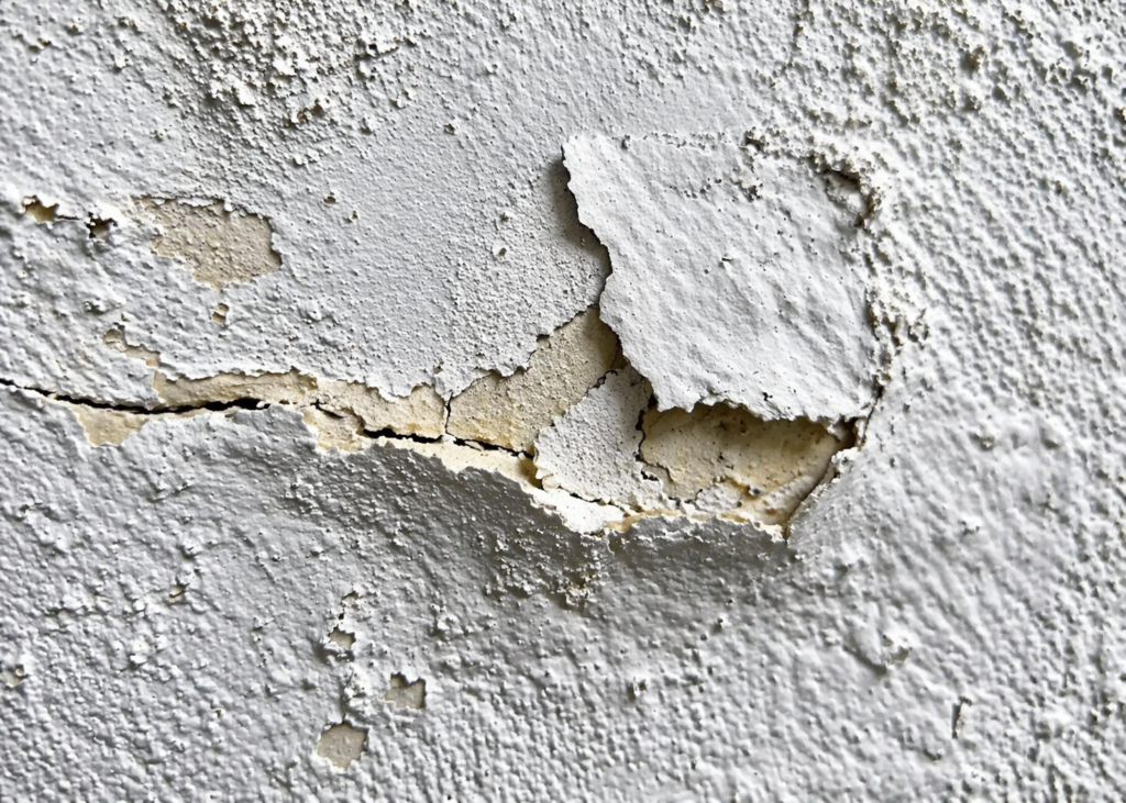 Close-up of peeling paint and damaged wall surface before repainting