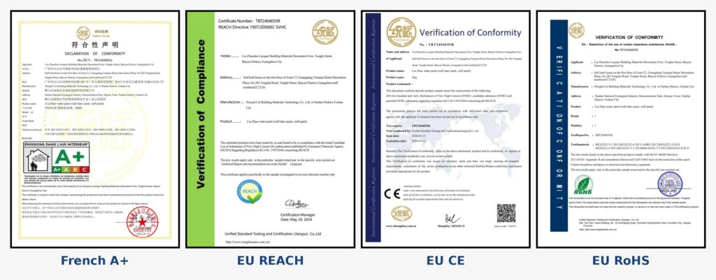 French A+, EU REACH, EU CE, and EU RoHS compliance certificates