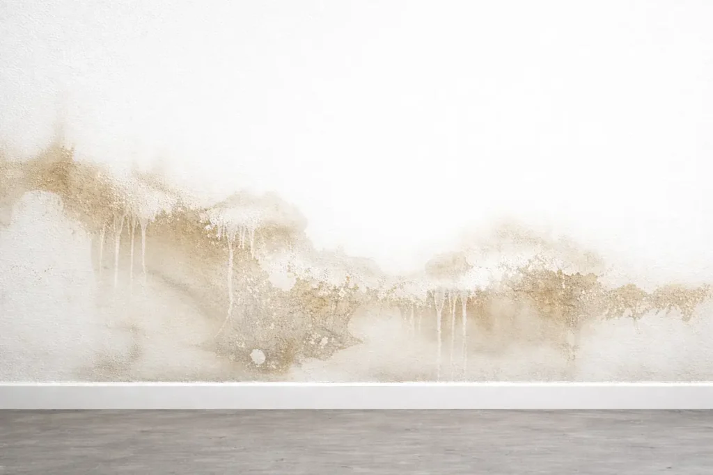 white wall with dampness and efflorescence
